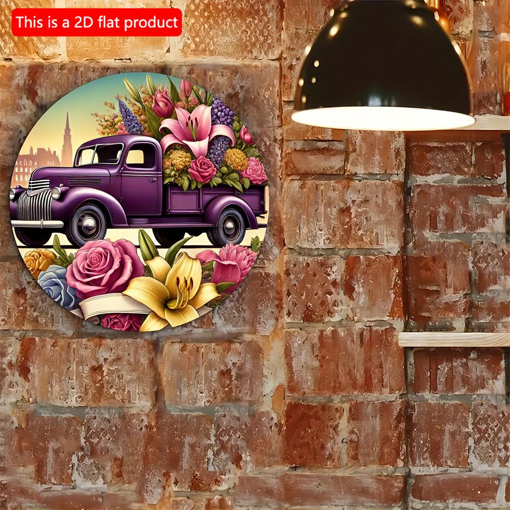 2d Flat 20*20cm Purple Vintage Truck Filled with Flowers, Circular Wooden Sign, Garden, Kitchen, Office, Bedroom Decoration, Wooden Material