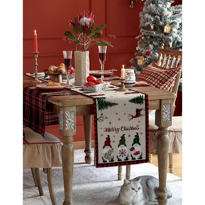 Merry Christmas Gnome Table Runner 70 Inches Long,Xmas Tree Elk Farmhouse Buffalo Plaid Table Runner,Winter Snowflakes Retro Linen Dresser Scarves