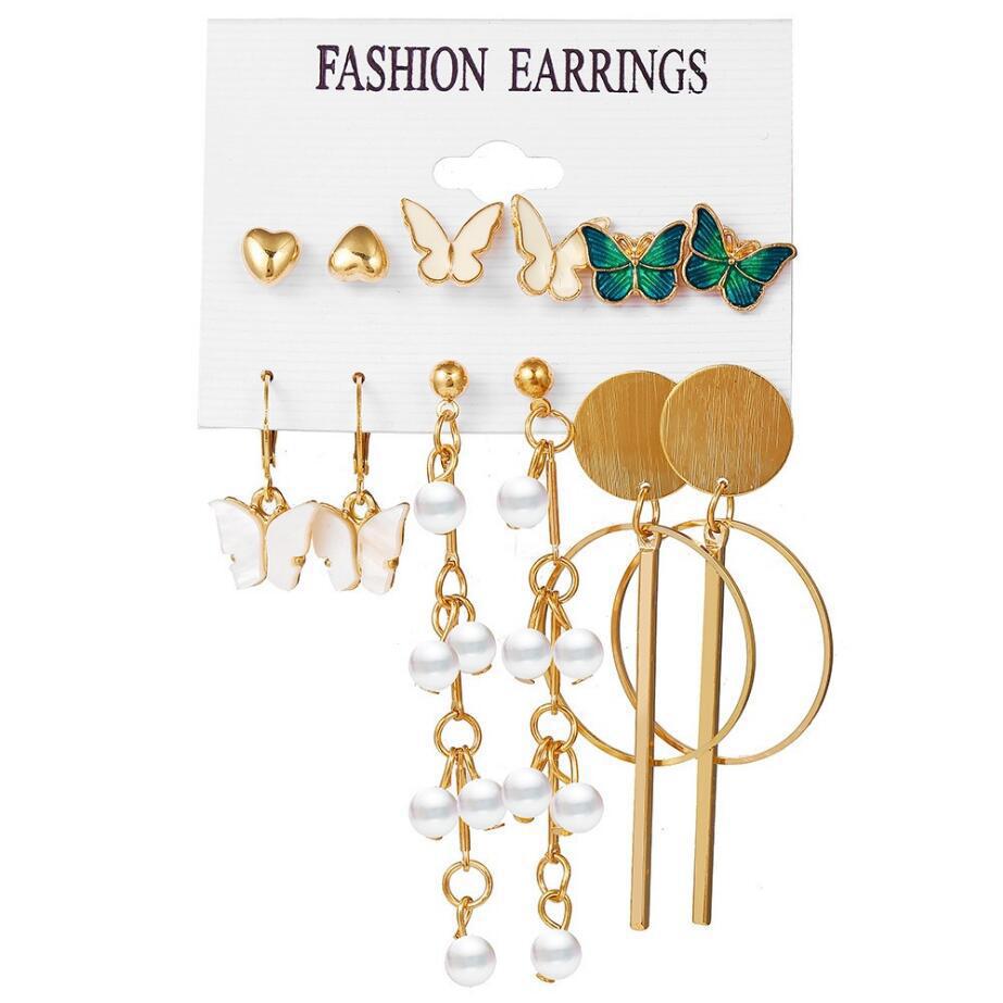Leopard Print Multilayer Butterfly & Heart Earrings Set: Retro Geometric Circle & Pearl Design, 6-Piece Collection