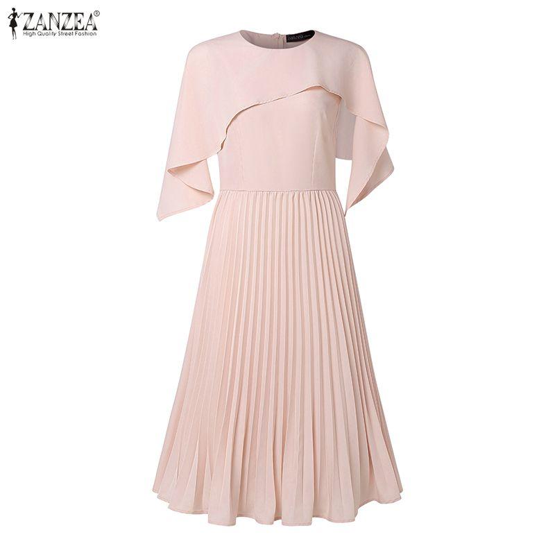 ZANZEA Damen Freizeit Rundhals Ärmellos Elegant Umhang Kleid