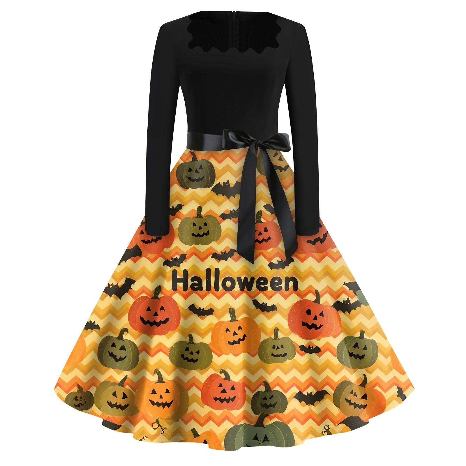 

Платье с расклешенным принтом на Хэллоуин для женщин, платье с длинным рукавом, полые вечерние повседневные платья M
