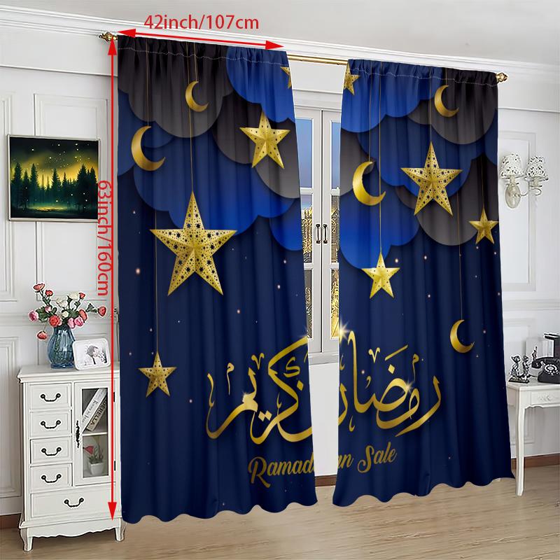 2 ks - Ramadan - Modrá hvězda a měsíc - Tištěný závěs - Polyesterový materiál, vhodný do ložnice, obývacího pokoje, pracovny