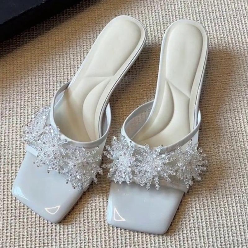 Fashion Square Toe Mesh Beautiful Slippers for Women Summer Outside Wear with Skirt New Rhinestone Flower Block Heel High Heels