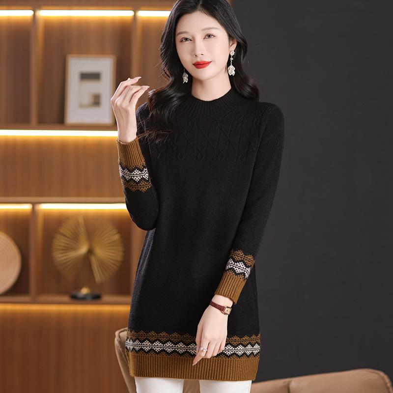 Women's Sweater Half Turtleneck Mid-length Sweater Dress Autumn and Winter Commuting Style Loose Jacquard High Waist Inner Knitted Sweater