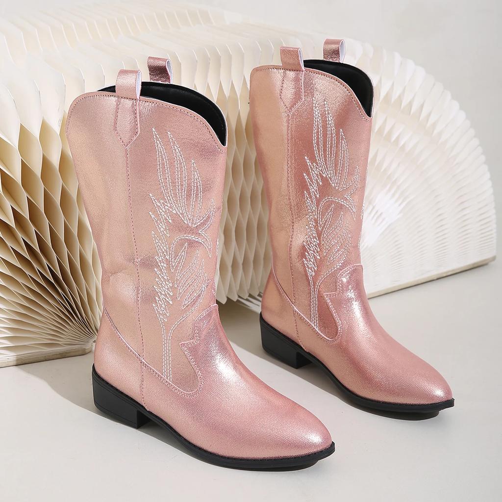 Western Cowboy Boots 2024 Winter Fashion Mid-calf Women's Boots Retro Pointed Toe Slip-on Mid Heel Pink Boots Shoes for Women
