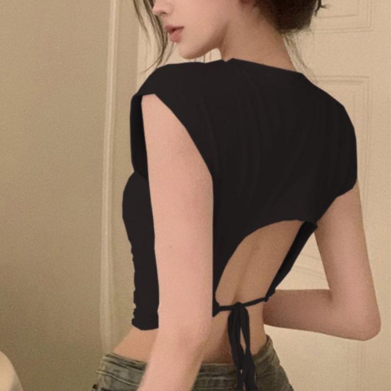 Tricou de vară pentru femei, fără spate, strâns, cu talie înaltă, cu mâneci scurte, negru Spicy Girl Tie Up Slim Fit și top scurt unic