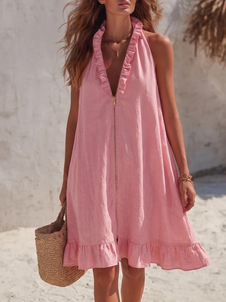 European and American style neck V-neck dress, front zipper ruffle edge loose and thin skirt