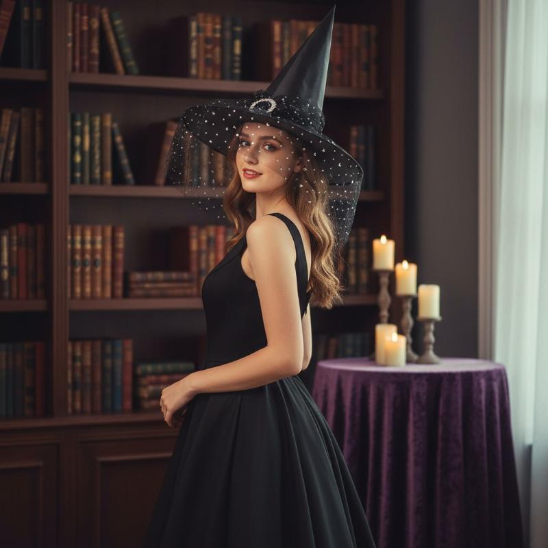 Halloween Witch Hats With Lace Mesh Veil Rhinestone Buckle Design For Cosplay Dress Up Costume Parties