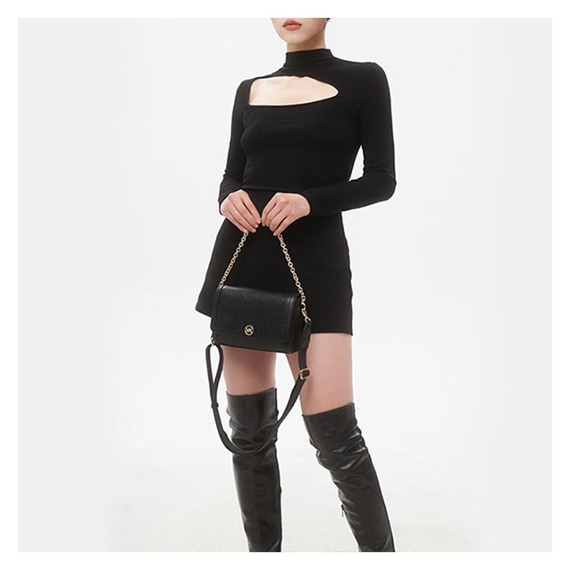 Michael Kors Freya Magnetic Flap Chain Pebbled Leather Hand-held Crossbody Shoulder Bag Women's Black