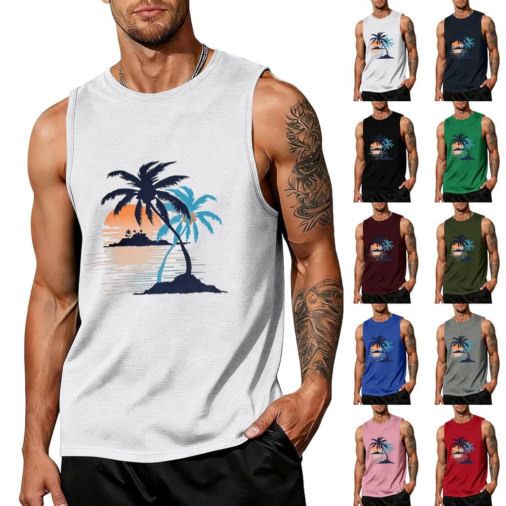 Men’s Sleeveless Crew Neck Tank Top with Tropical Tree and Print Casual Relaxed Fit Shirt