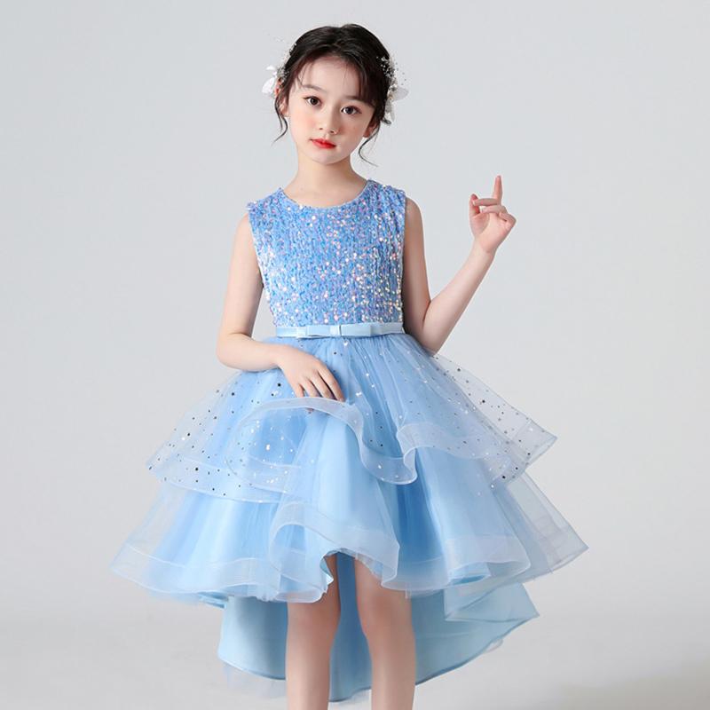 Summer Sequin Lace Wedding Dress GirlsSleeveless Fluffy Mesh Gauze Doveark