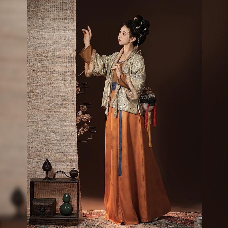 Hanfu-Anzug für Damen im chinesischen Stil, Restaurierung imitiert Brokat der Song-Dynastie, Tang-Hose und hüftlange einteilige Rock-Kombination