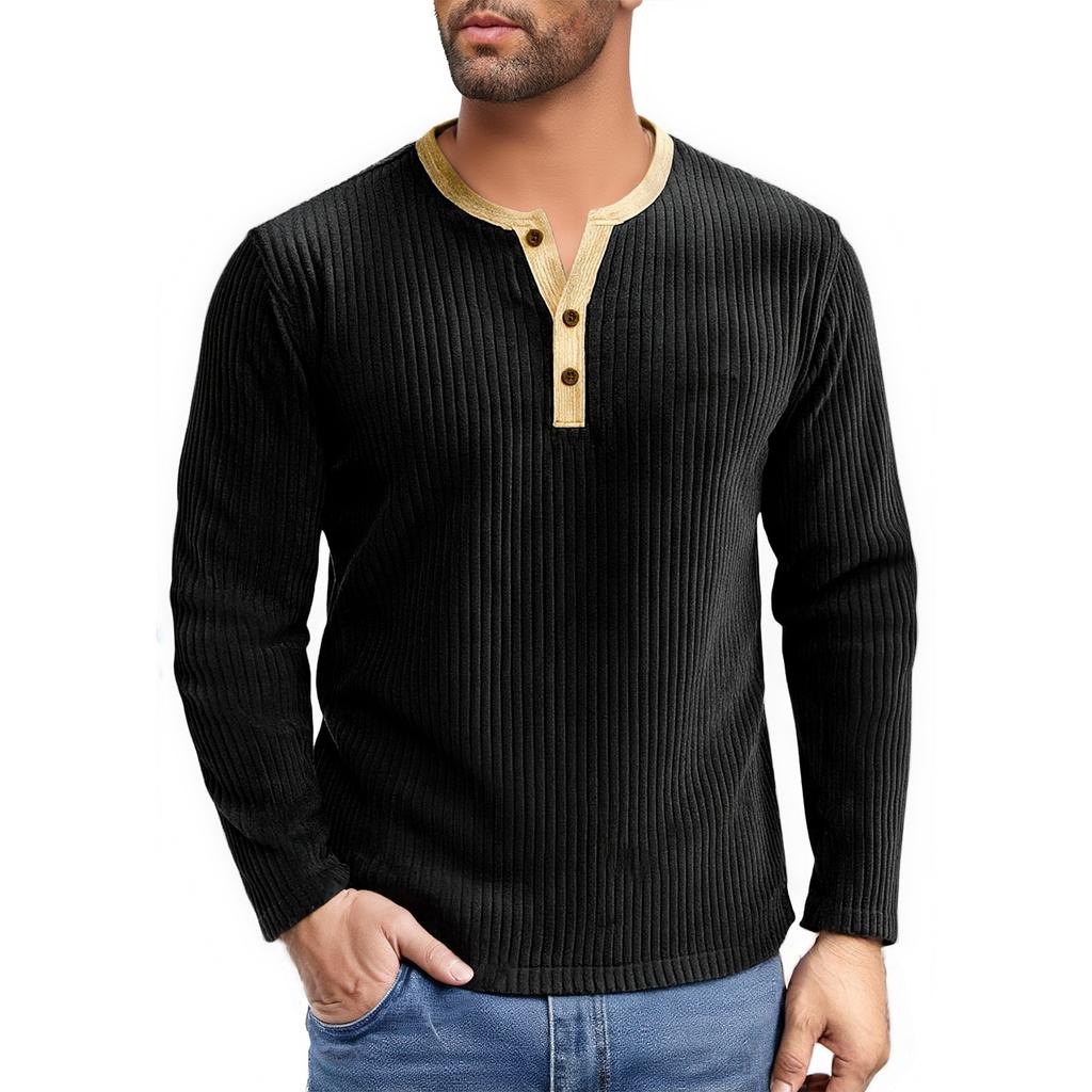 Men's Solid Color Ribbed Textured Button Down Round Neck Long Sleeved Top