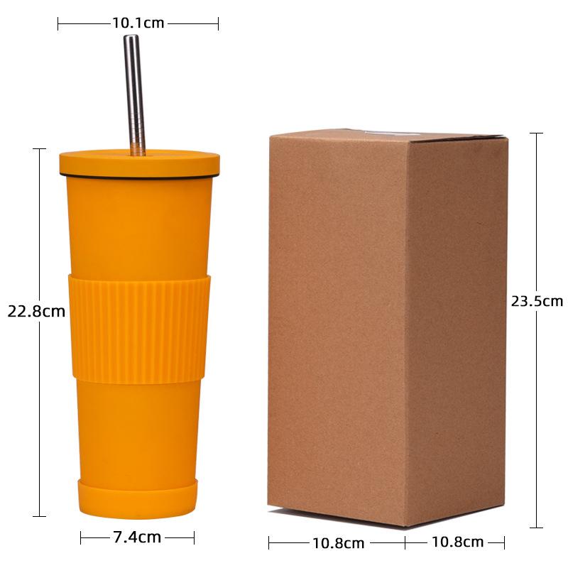 830Ml Stainless Steel Straw Cup Large Capacity Non-Slip Sleeve Straw Thermos Cup Simple Car Water Cup