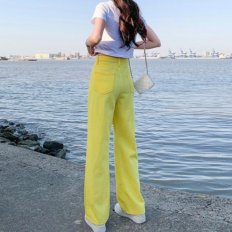 Women's Yellow High-Waisted Wide-Leg Jeans - 2022 Slimming Style for Petite Figures, Straight Floor-Length Pants