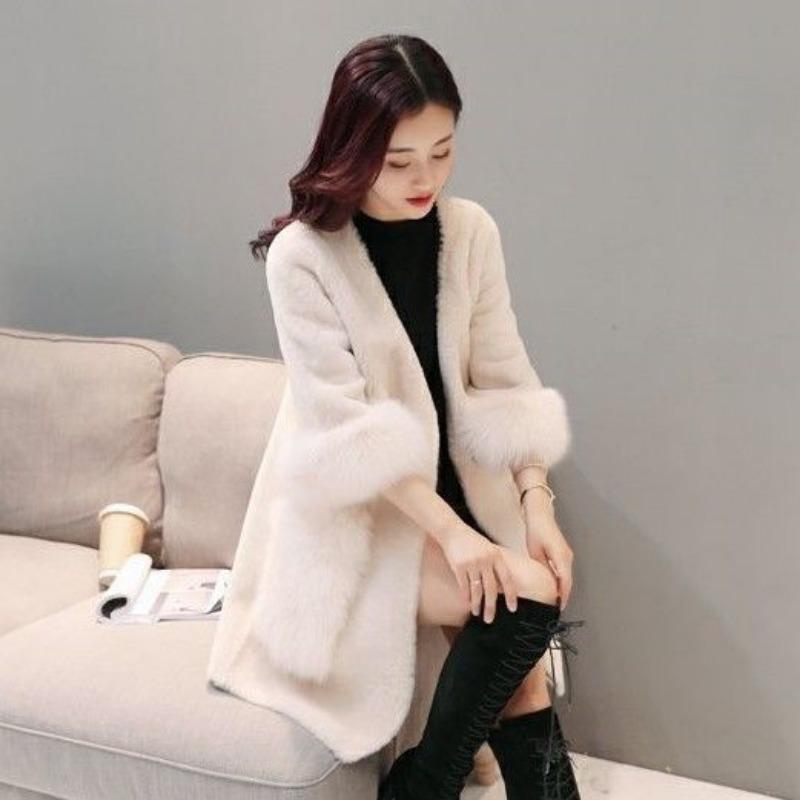 

Winter new sheep shearing imitation fur coat medium and long loose women s coat imitation fox fur collar coat 3XL