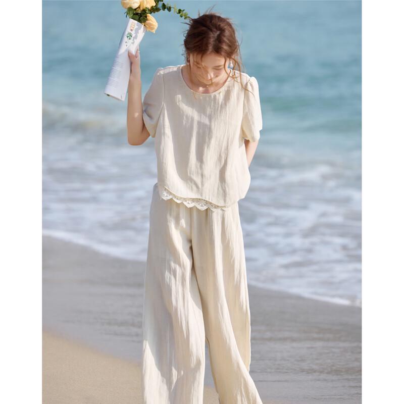 Women's Lyocell Blend Lace Spliced Top & Wide-Leg Pants Set