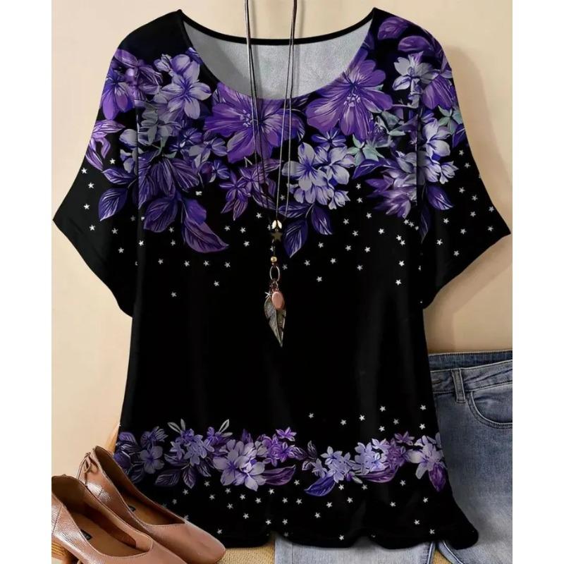 Summer Round Neck Flower Print Comfortable Fashionable Oversized Breathable Casual Women's T-shirt