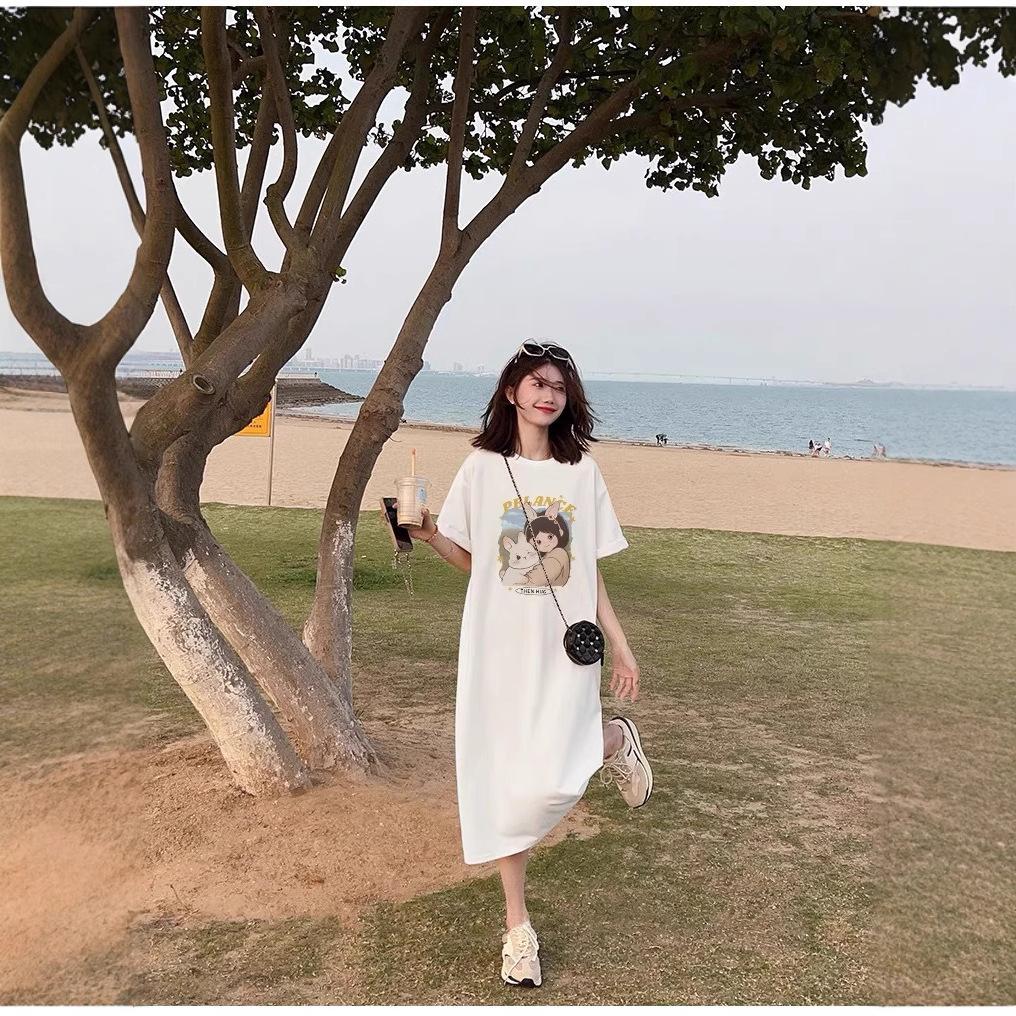 New Summer Short-sleeved Dress, Korean Casual and Laid-back Style T-shirt Dress, Loose Large-sized Over-the-knee Long Dress