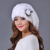 Hand Knitted Lady Winter Rabbit Fur Hat Women Beret Winter Beanies