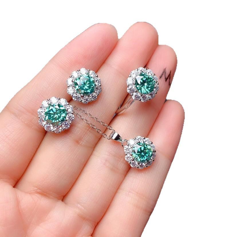 1 Carat Simulated Blue-Green Moissanite Jewelry Set: Open Ring, Necklace Pendant, Stud Earrings with Eight Hearts and Arrows Design In PT950 Plating.