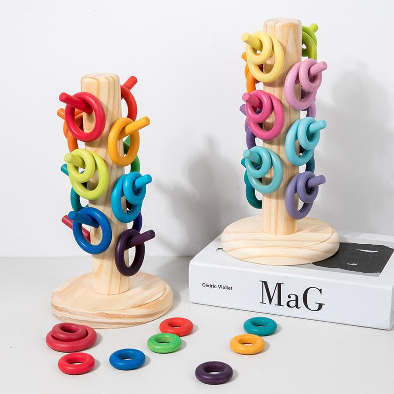 Rainbow Wooden Stacking Rings for Kids - Interlocking Building Blocks with CE Certification