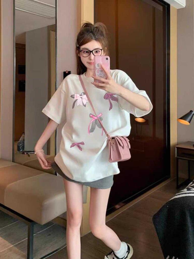 Plus Size Korean Cotton Bow Print Short Sleeve T-shirt for Women - Sweet, Loose, Versatile Slimming Summer Top
