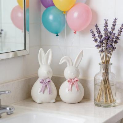 Keramisch konijntje met strik, mini paasbeeldje, lente paasdecoratie voor thuis, kantoor, feestdagen of feestjes.