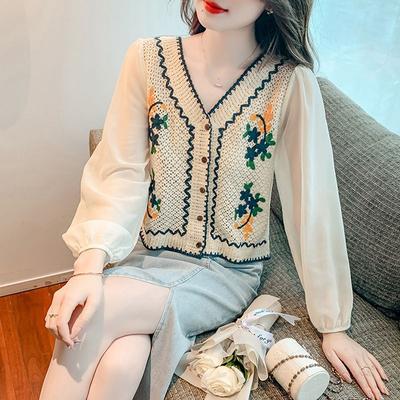 Summer Women's Long-sleeved Blouse Ethnic Embroidery Knitted Cardigan Cut-out Knitted Cardigan Jacket