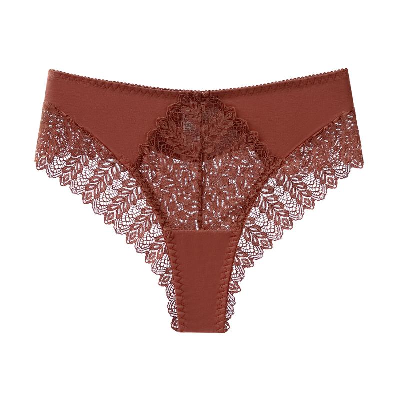 CINOON Sexy Mid Rise Patchwork Briefs Hollow-out Lace Pattern Panties Solid Color Breathable Skin-fit Briefs