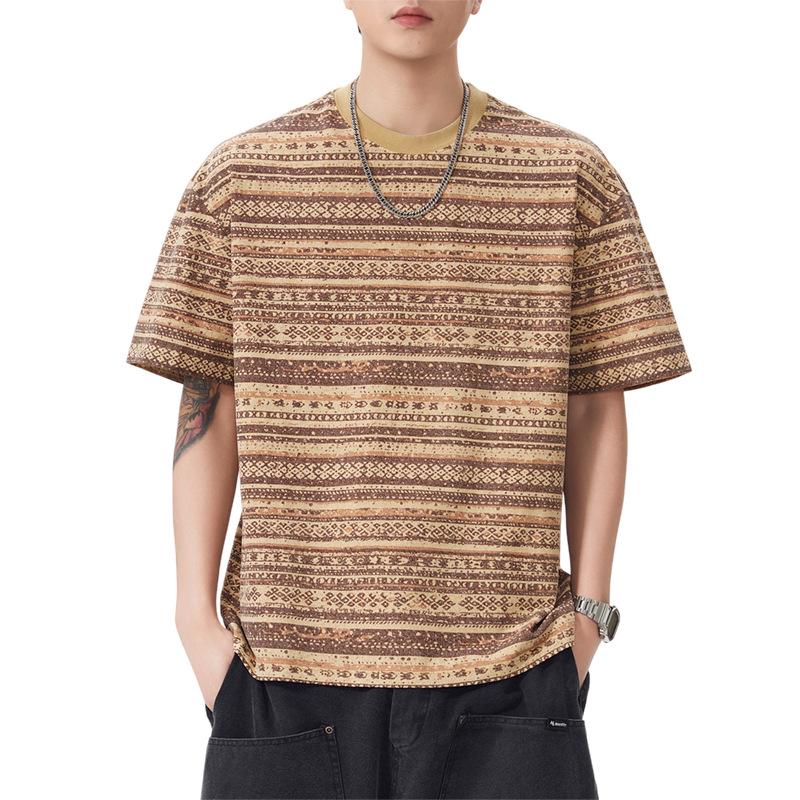 Men's Vintage Ethnic Striped Short Sleeve Loose T-Shirt
