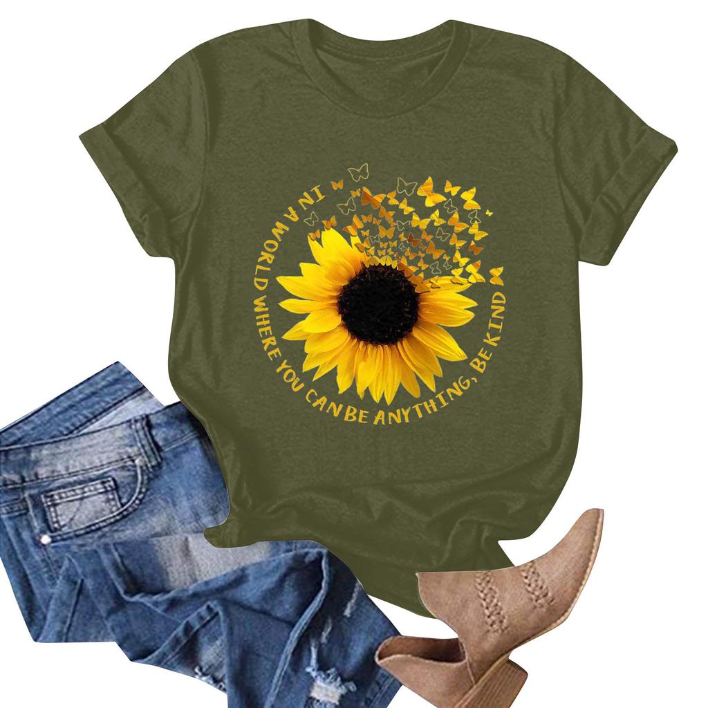 Sunflower Ladies Cute Print Short Sleeve Round Neck Front Shoulder Vintage Short Sleeve Summer Loose Shirt Top