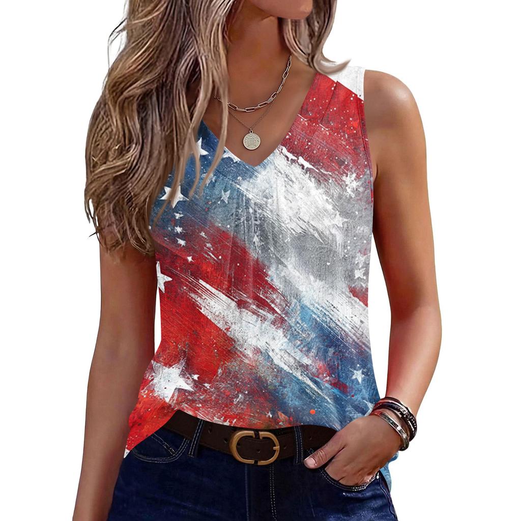 V-Neck Tank Top Women Print Tank Tee Casual Loose Fit Sleeveless Shirt