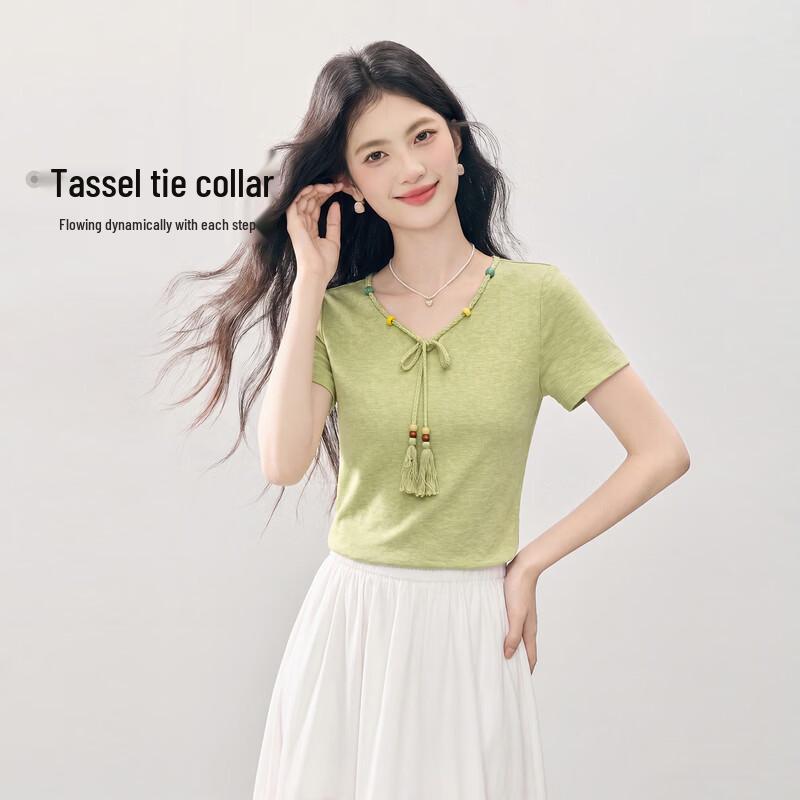 SLLSKY Korean Chic Beaded Tie-Strap Short Sleeve T-Shirt M