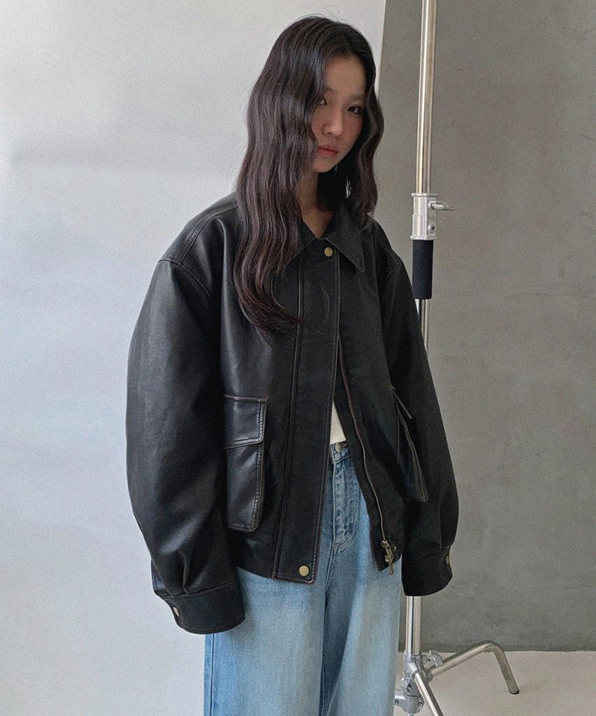 Mood Inside Woman (Woman) Washed Leather Real Pocket Bomber Crop Jacket_Brown