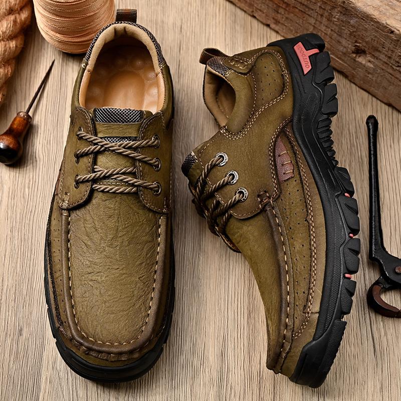 Fashion 2025 New Men Genuine Leather Sneakers Hiking Shoes Casual Leather Lace Up Outdoor Oxfords Antiskid Thick Bottom Walking Shoes