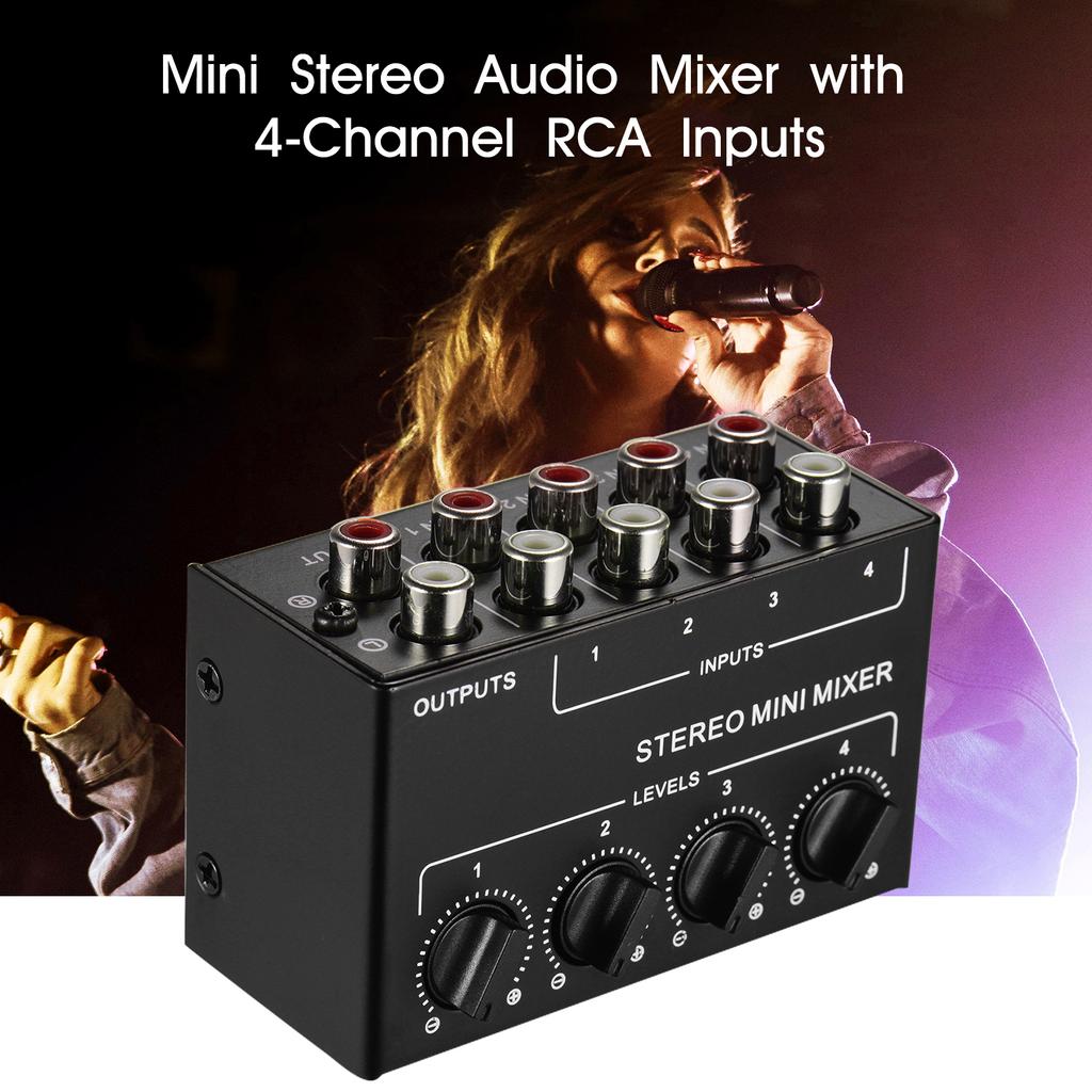 Mini Stereo Audio Mixer with 4 Channel RCA Inputs Separate Volume Controls Full Metal Shell