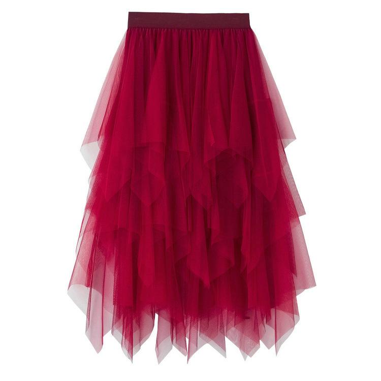 Gonna alla moda sexy da donna in rete a tinta unita, gonna a bolle irregolare in tulle elastico, vita quotidiana e vacanza