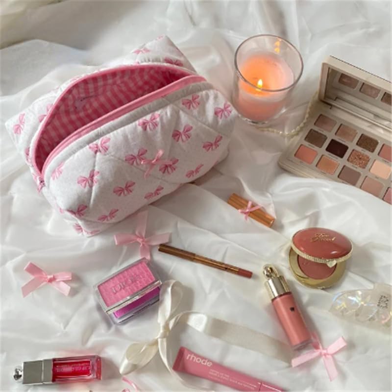 Cute Quilted Bow Y2k Makeup Bag Coquette Small Pouch Preppy Floral Heart Cosmetic Bag Toiletry Organizer Bag (Color03)