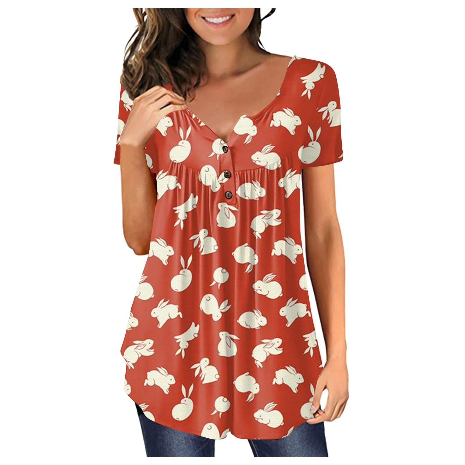 

(SU)Женские пасхальные топы с короткими рукавами, свободные топы, повседневные топы большого размера, плиссированные топы с завязками на пуговицах, женские топы