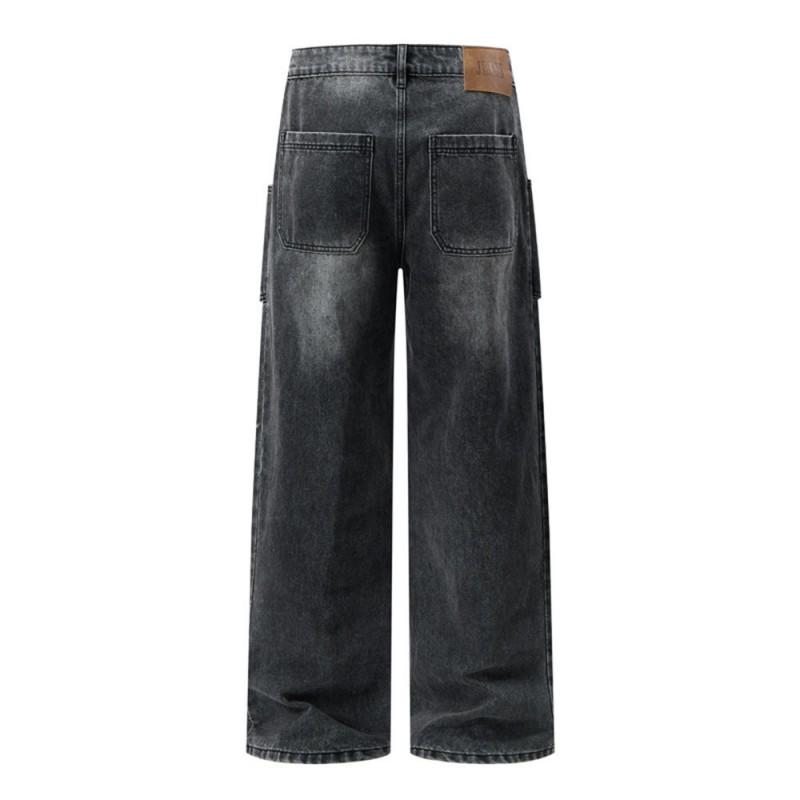 Mens Baggy Straight Leg Jeans Vintage Wash Distressed Punk Style Casual Denim Pants