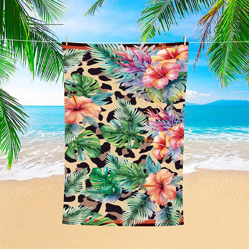 

Tropical Floral & Leopard Beach Towel Patterned Sunscreen And Windproof Suitable For Swimming Pool Camping Travel Blanket W40*H60(CM)