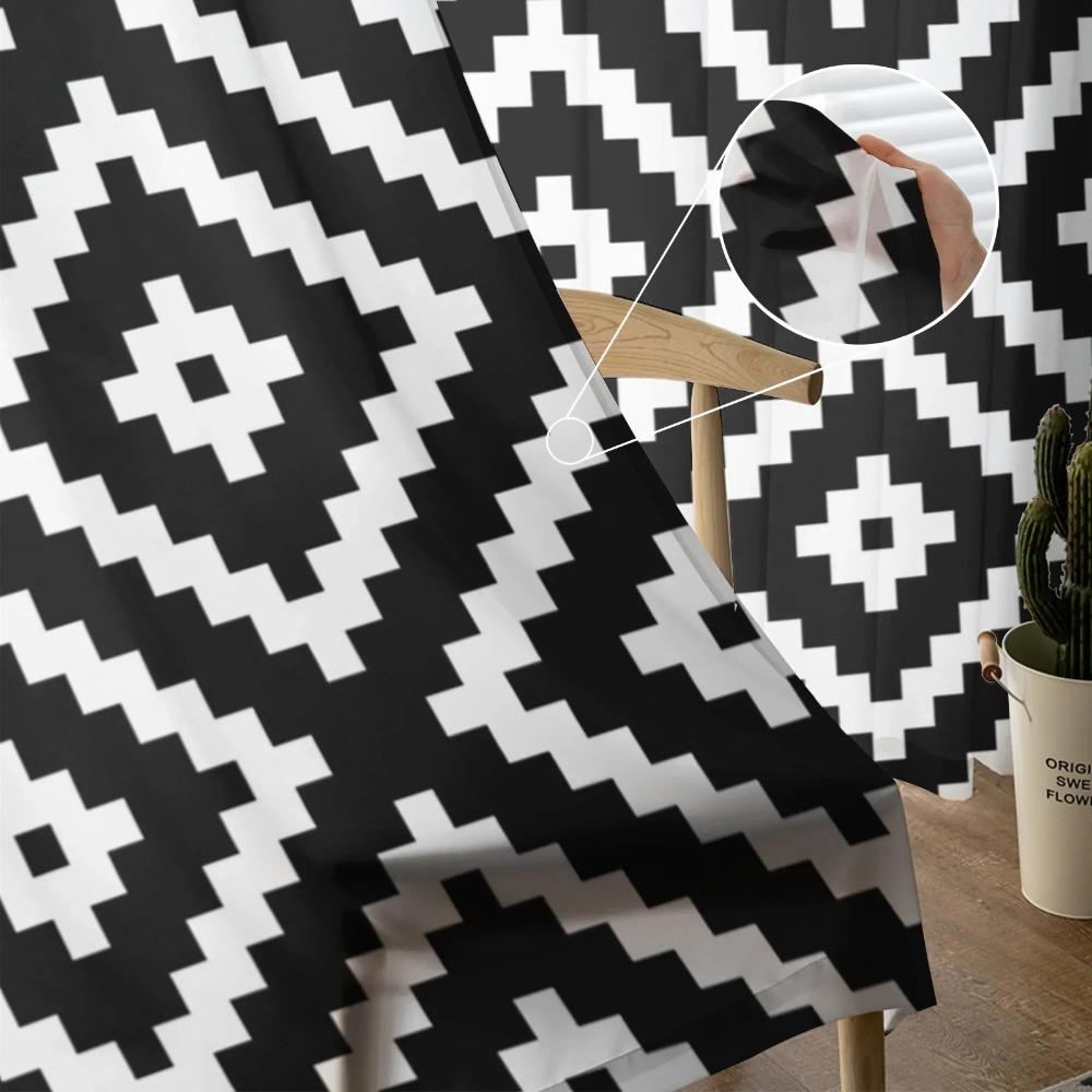 Geometric Square Texture Black White Sheer Curtains for Living Room Decoration Window Curtain Kitchen Tulle Voile Organza Drapes
