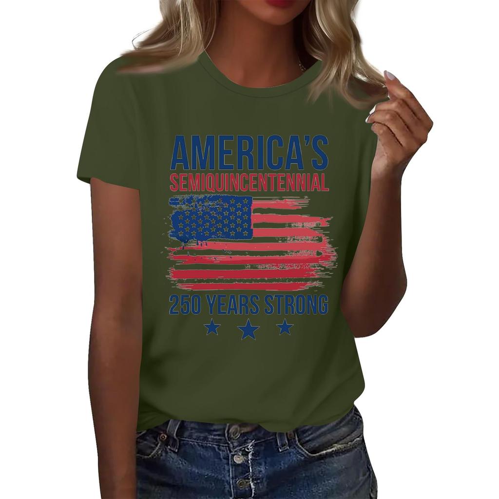 Women's Casual Short Sleeve Graphic T Shirt Crew Neck Top America Semiquincentennial 250 Years Strong Print Tee