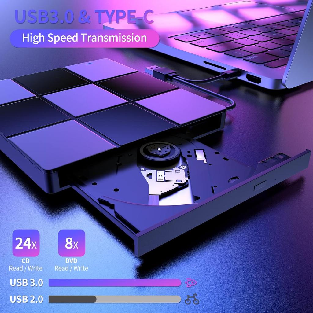 Externí CD/DVD mechanika, DVD přehrávač pro notebook, USB 3.0 Ultra-štíhlá přenosná CD vypalovačka Optická mechanika Kompatibilní s počítačem Mac PC