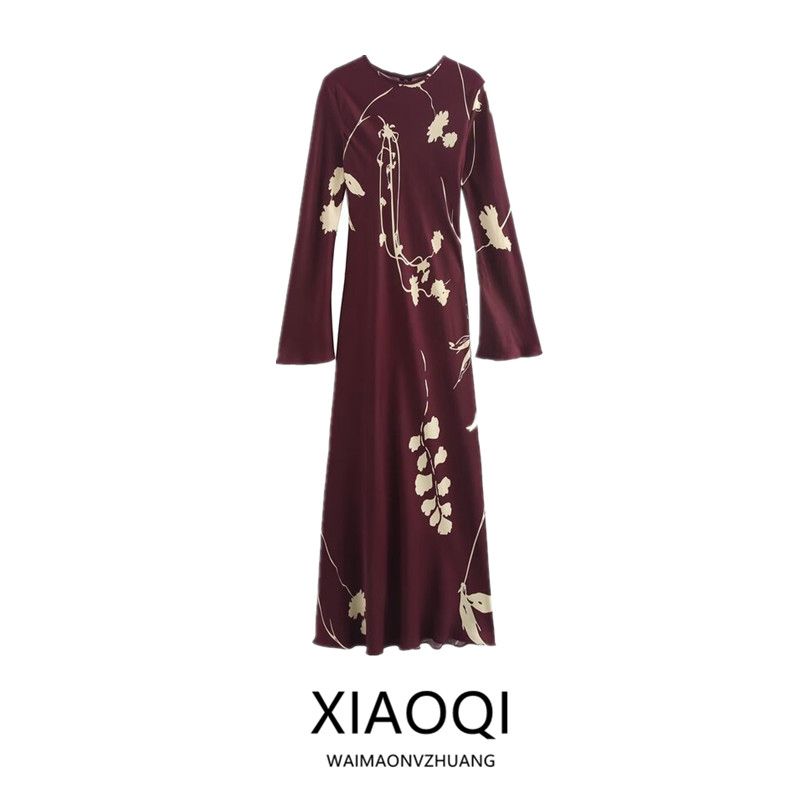 Western Style 2024 Autumn and Winter New Women Clothes Temperament Print Round Neck Long Sleeve Long Dress 8706255