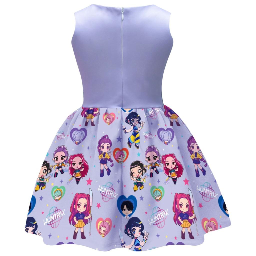 Kids Girls Anime Cartoon K-Pop Hunters Rumi Zoey Mira Printed Bow Sleeveless Casual Dress