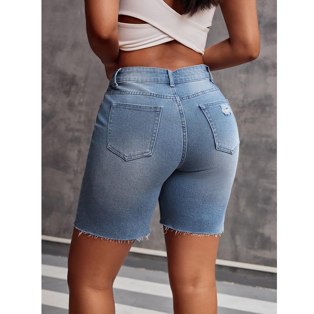 Women Summer Denim Shorts High Waist Solid Color Pockets Jean Short Pants