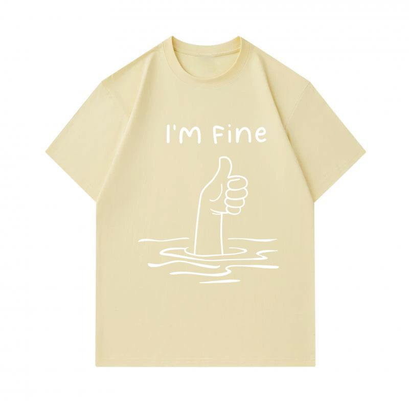 Men's 100% Cotton Crew Neck Short Sleeve T-Shirt, Funny Drowning Hand Thumbs Up I'm Fine Print Casual Soft Breathable Summer Tee for Daily Wear