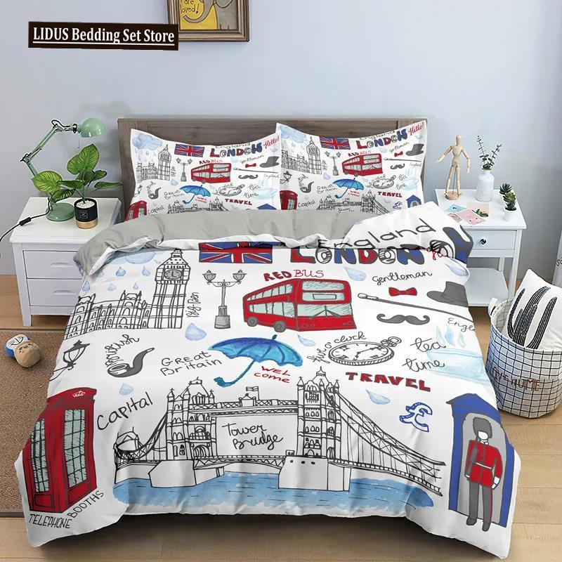 UK London Style King Queen Duvet Cover British Elements Bedding Set For Teens Adults London Bridge Big Ben Polyester Quilt Cover